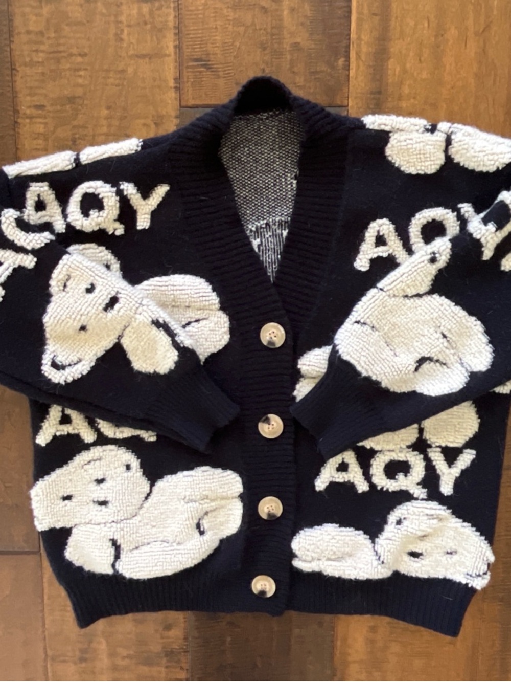 AQY Black Bear Cardigan, black and white sweater with textured teddy bears